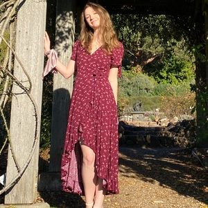 High low midi red floral wrap dress